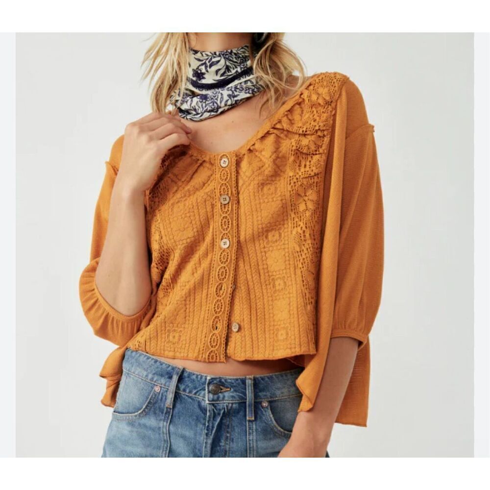 Free People Womens Rust Orange Button-Up Lace Trim Mae Top Size Medium